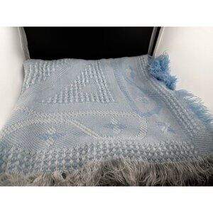Vtg Baby‎ Security Blanket Bumble Bee Design Blue White Fringed Woven Acrylic